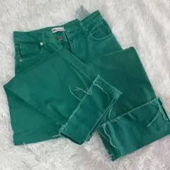 ZARA グリーン ストレートデニム フリンジ裾　SIZE 26 ハイウエスト