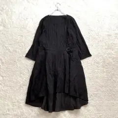 ドーム【F】黒 チュニックワンピ 膝丈 七分袖 フィッシュテール シワ加工