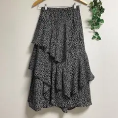 黒 小花柄 ティアードスカート フリル アシンメトリー レトロ ロングスカート