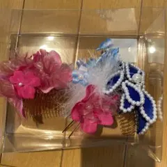 花飾り付きヘアコーム ピンク 青