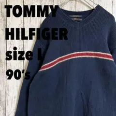 90's トミーヒルフィガー オールドトミー ニット Vネック ネイビー L