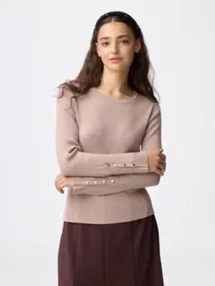 リブニットボタンスリーブプルオーバー