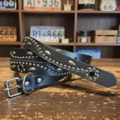 フラワー黒金■本革レザーフルスタッズナローベルト☆アメカジ古着ヴィンテージ フラワー金□本革レザーフルスタッズナローベルト☆アメカジ古着