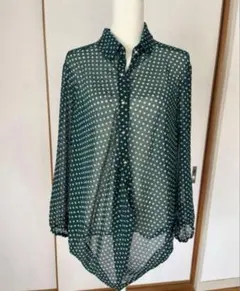 グリーンドット柄長袖シャツ　シースル　シアー感　ゆったりサイズ
