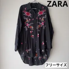 ZARA woman 黒の花柄刺繍ロングシャツ レディース