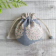 北欧柄 う早この布 あじさい/サックス 綿キャンバス＊まんまる巾着 ミニ巾着