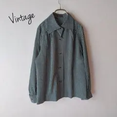 昭和レトロ古着 LOOK グリーン幾何学模様ブラウス 長袖シャツヴィンテージ