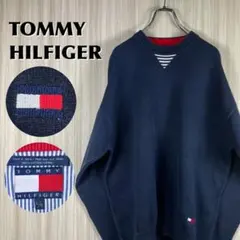 【90s】トミーヒルフィガー 刺繍ロゴ Vガゼット コットンニット L ネイビー
