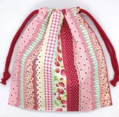 巾着袋 給食袋 コップ袋 苺ストライプ柄 ハンドメイド