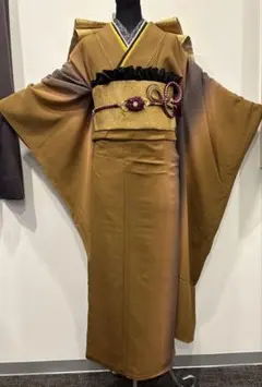 茶色と灰色グラデーション無地　豪華成人式振袖7点フルセット