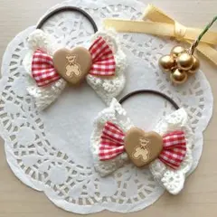 ハンドメイド　レースチェックリボンヘアゴム