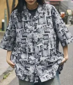 モノマート　メンズ　レディース　オーバーサイズ　総柄　半袖シャツ　グレー　L