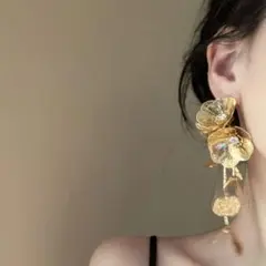 ゴールド大ぶりお花ロングピアス/イヤリング結婚式ウェディングブライダル前撮り