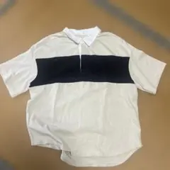 アイボリーと黒のバイカラー半袖ポロシャツ　襟付き　綿　レディース　Tシャツ