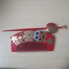 赤い木製髪飾りセット