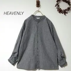 ヘブンリー【未使用品】 麻混ストライプ フリルネックブラウス ゆったりナチュラルのサムネイル