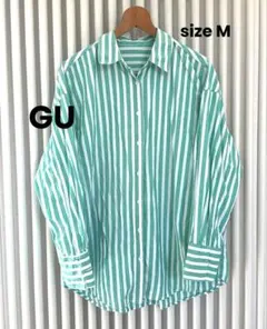 【 GU 】緑と白のストライプ　長袖　シャツ M