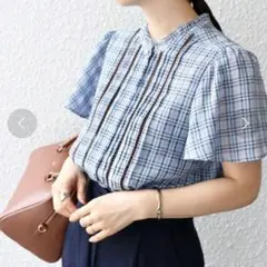 【美品】SHIPS チェック 配色 ハシゴレース ピンタック 半袖 ブラウス