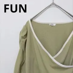 FUN リブボリュームスリーブトップス(5分袖)　ショート丈　丈短め　グリーンのサムネイル