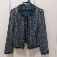 ノーカラーツイードジャケット ブルー　グリーン