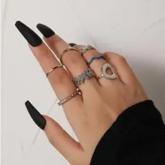 リング　シルバー　重ね付け　7点セット　秋　アクセサリー　ブルー　フリーサイズ