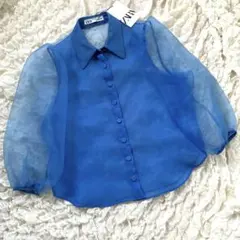 新品タグ付き♡ZARA ザラ　シアーシャツ　オーガンジー ブルー M ブラウス