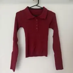 リブニット ポロシャツ 長袖 ボルドー