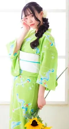 ◆高級ノー皺ポリエステル浴衣◆萌黄色星座うつくし浴衣◆洗えるゆかた 新品未使用