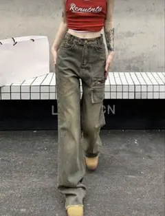 ヴィンテージ加工 カーゴデニムパンツ ワイドレッグ Mサイズ