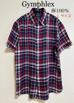 ジムフレックス リネン 100% ボタンダウン シャツ　チェック ネイビー L