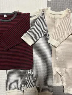【セット】ユニクロストライプロンパース×2、Tシャツ