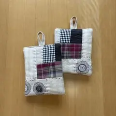 コットンリネン　鍋つかみ　2個セット　ポットマット　ハンドメイド