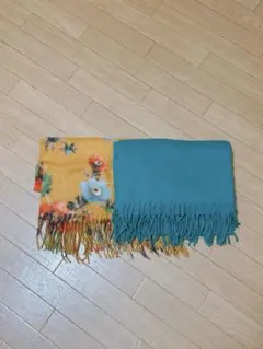【美品】大判ショール 2枚セット◎ 花柄未使用＋無地ターコイズ　秋冬ストール