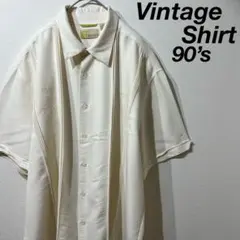 【海外古着】90’sキューバシャツ ラインデザイン半袖シャツ オフホワイト