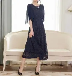 あんず様　DRESS PLUS 　ネイビー レース フレアスリーブ ドレス