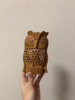 フクロウ ミミズク　木彫り 透かし彫り　彫刻　親子　置物