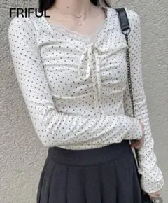 FRIFUL ウィメンズ ポルカドット 柄コントラストレースフロントタイ長袖