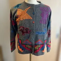 動物モチーフ刺繍のグレー長袖カーディガン