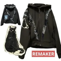 Ｌ　裏ボア・黒ジップアップパーカー黒猫デニムフリル古着リメイク