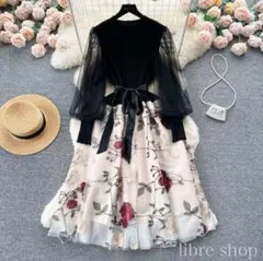 人気♡花柄チュールニットドッキングワンピース　ワンピース　花柄　フリーサイズ
