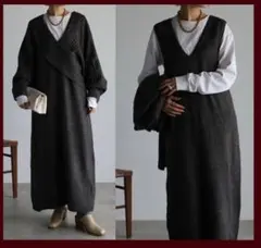 新品 お得な2点setupニット&ジャンスカロングワンピース/チャコール灰ML