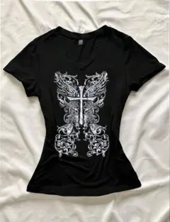 shein クロス＆ウィングプリント VネックTシャツ ブラックのサムネイル
