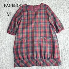 ページボーイ　半袖　チェック柄　チュニック　ワンピース　M ゆったり　レッド系のサムネイル