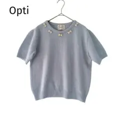 Opti オプティ☆アンゴラ混 ウール 半袖ニット パールリボン /水色のサムネイル