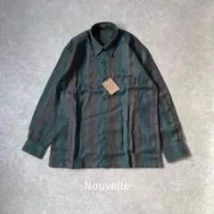 Nouvelle/シャツ/L/グリーン系/ストライプ/ゆったり/古着/カジュアル