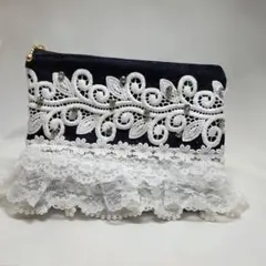 一点物・デニム×レース フリルポーチ上品 大人可愛い ハンドメイド パール装飾