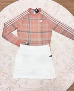 春ゴルフ M 定価2.4万 アディダス タータンチェックニット＆白プリーツセット