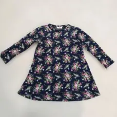 裏起毛 ネイビー花柄七分袖ワンピース