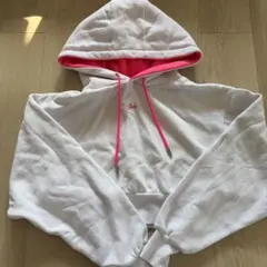 ホワイト ピンク フード付きパーカー Mサイズ