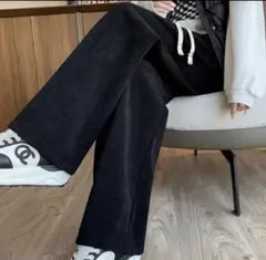 【裏起毛】コーデュロイ ワイドパンツ 黒 M 春 冬